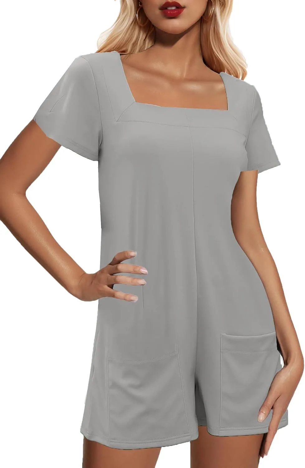 Summer Rompers for Women 2025 Overall Shorts Jumpsuits Square Neck Short Sleeve Beach Vacation Clothes with Pockets