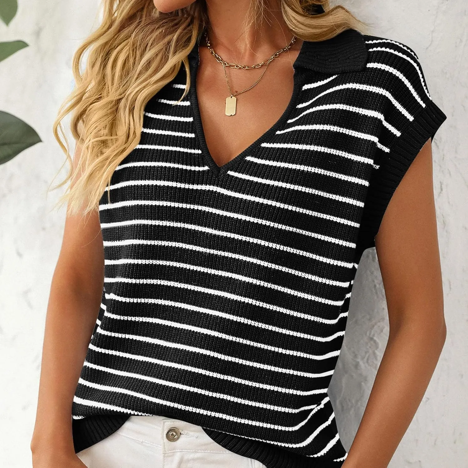 Summer Stripe Knit Tank Tops for Women, Lapel V-Neck Fashion Cap Sleeve Tunic Shirts Comfy Breathable Daily Clothes