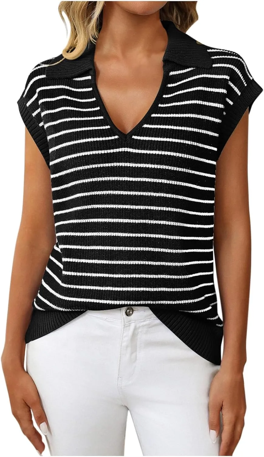 Summer Stripe Knit Tank Tops for Women, Lapel V-Neck Fashion Cap Sleeve Tunic Shirts Comfy Breathable Daily Clothes