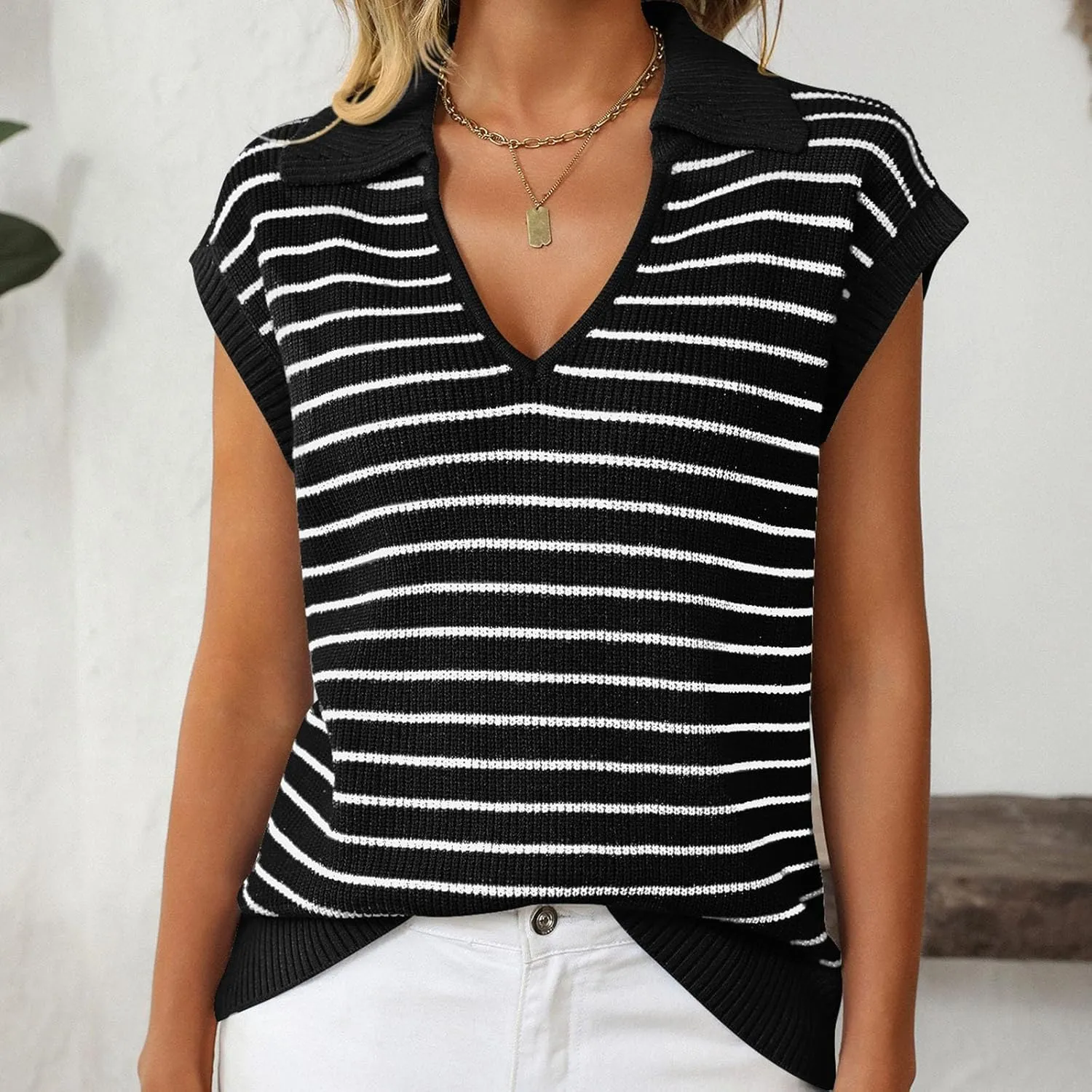 Summer Stripe Knit Tank Tops for Women, Lapel V-Neck Fashion Cap Sleeve Tunic Shirts Comfy Breathable Daily Clothes