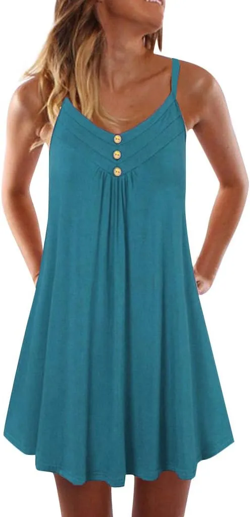 Sundresses for Women 2024 Casual Button Down Short Summer Dresses Loose Solid Spaghetti Strap Ruched Flowy Sun Dress