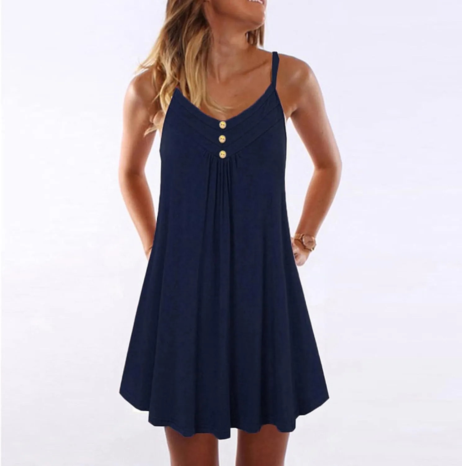 Sundresses for Women 2024 Casual Button Down Short Summer Dresses Loose Solid Spaghetti Strap Ruched Flowy Sun Dress