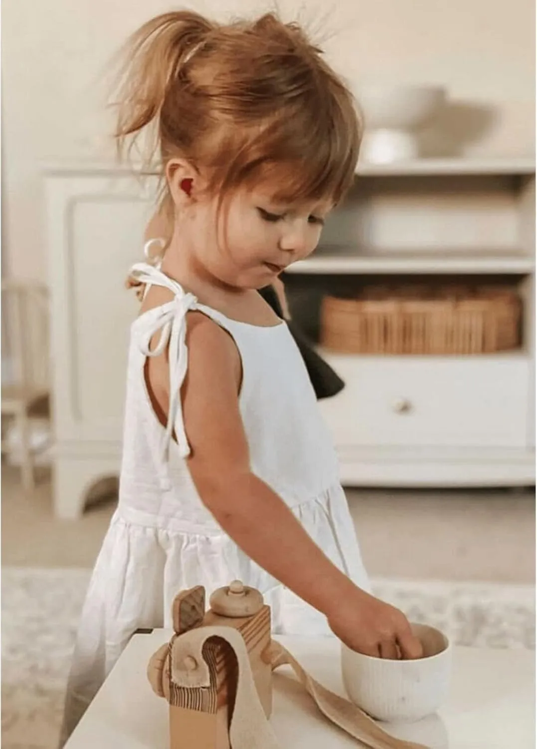 Toddler Baby Girls Summer Cotton Linen White Dress Bow Straps Sleeveless with Pockets Party Beach Casual Sundress