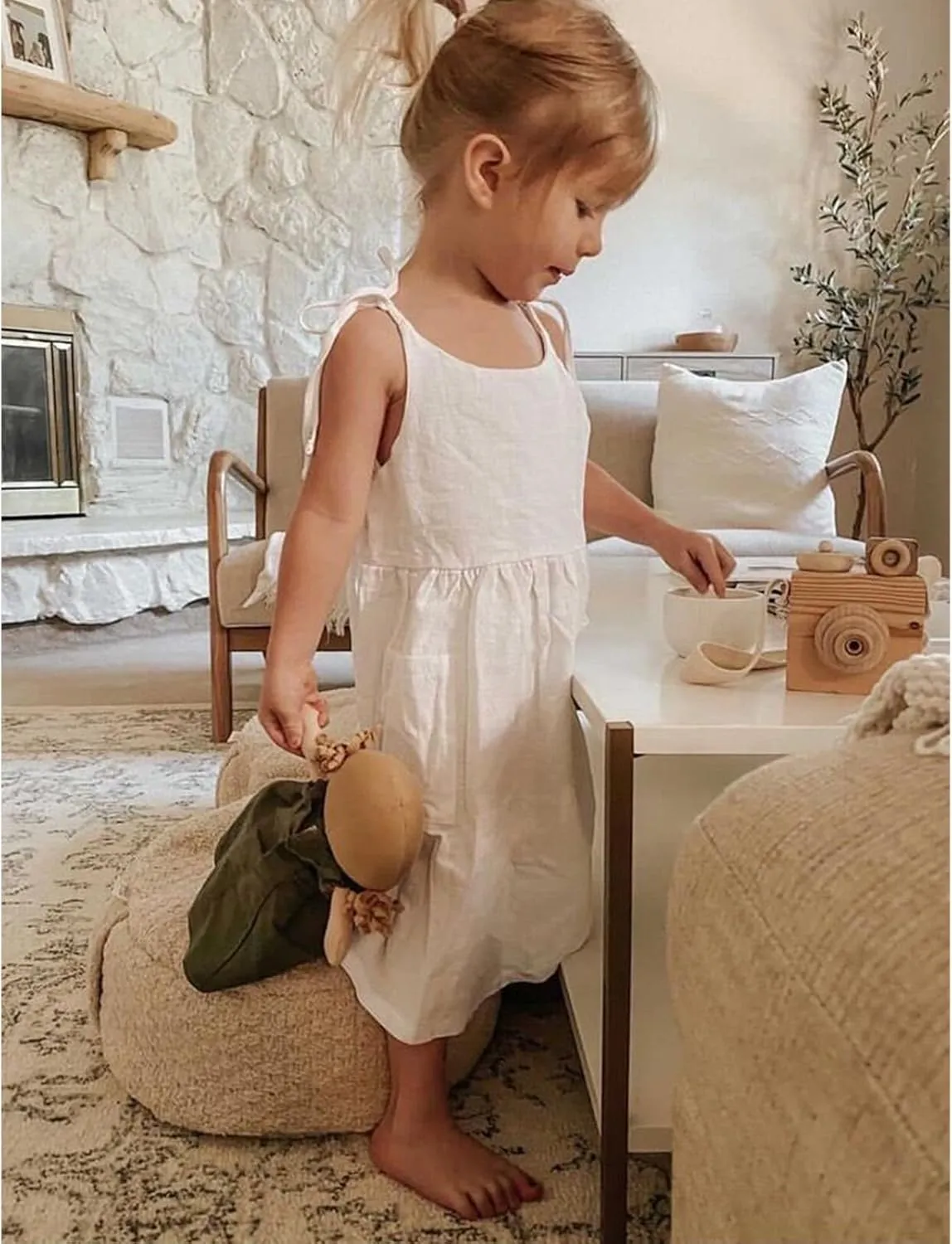Toddler Baby Girls Summer Cotton Linen White Dress Bow Straps Sleeveless with Pockets Party Beach Casual Sundress