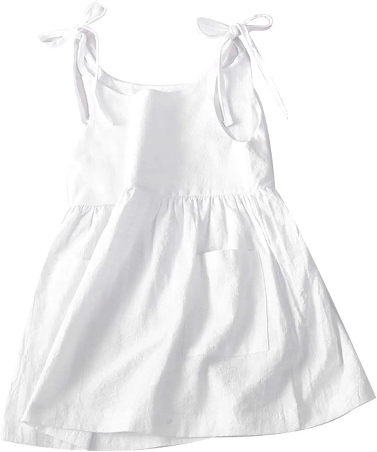 Toddler Baby Girls Summer Cotton Linen White Dress Bow Straps Sleeveless with Pockets Party Beach Casual Sundress