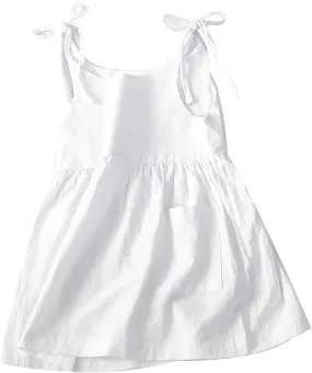 Toddler Baby Girls Summer Cotton Linen White Dress Bow Straps Sleeveless with Pockets Party Beach Casual Sundress