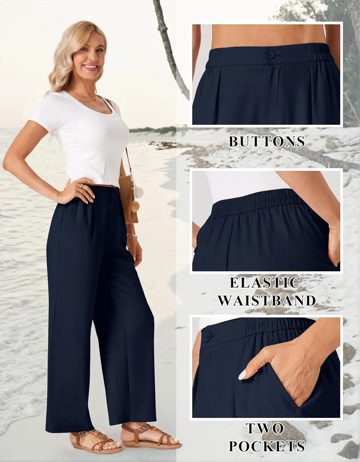 TOPYOGAS Womens Summer Linen Boho Wide Leg Casual Pants Palazzo Button High Waist Lounge Travel Vacation Outfits