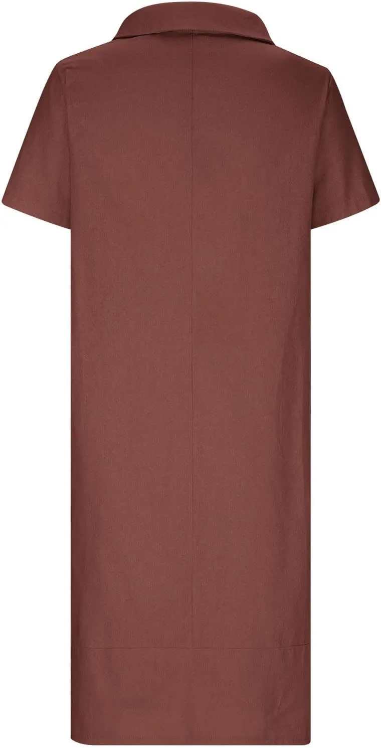 V Neck T Shirt Dress for Women Soft Cotton Linen Short Sleeve Knee Length Casual Outfit Pleated Vacation Shift Dress