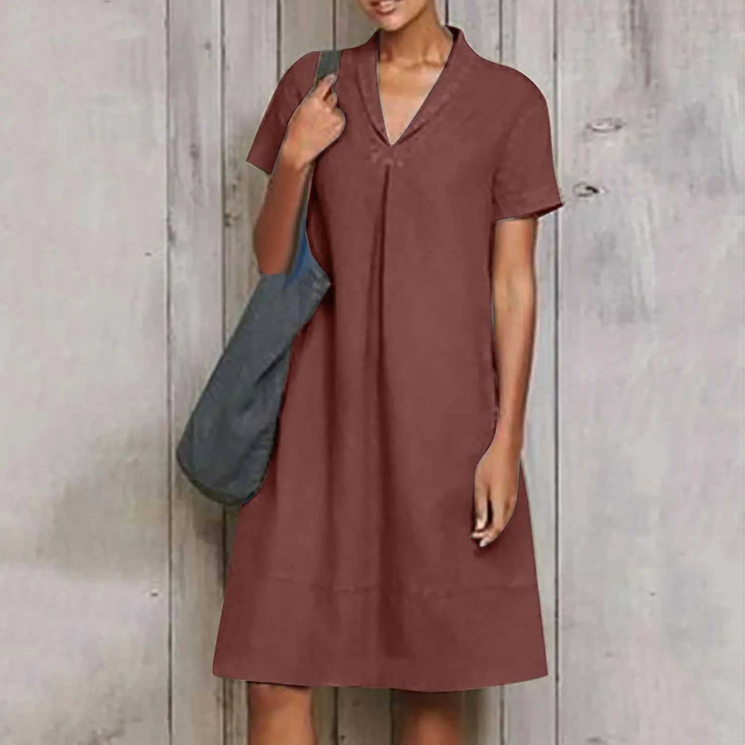 V Neck T Shirt Dress for Women Soft Cotton Linen Short Sleeve Knee Length Casual Outfit Pleated Vacation Shift Dress