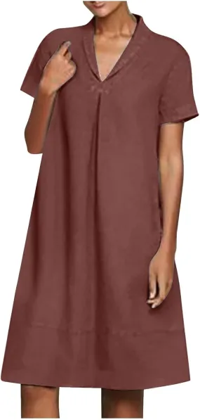 V Neck T Shirt Dress for Women Soft Cotton Linen Short Sleeve Knee Length Casual Outfit Pleated Vacation Shift Dress