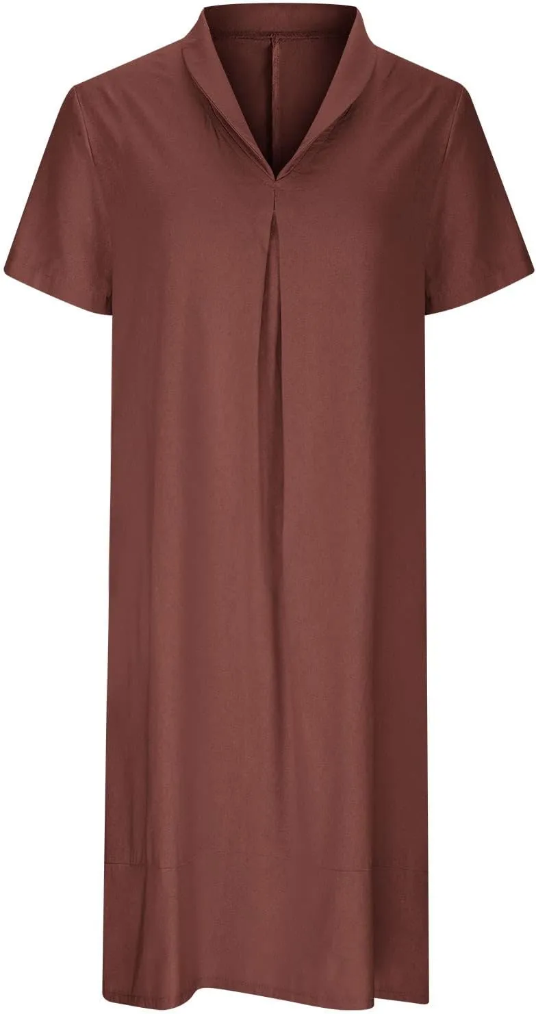 V Neck T Shirt Dress for Women Soft Cotton Linen Short Sleeve Knee Length Casual Outfit Pleated Vacation Shift Dress