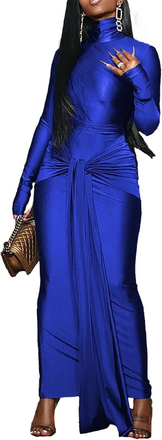 Vakkest Women's Long Sleeve Formal Maxi Dress Bodycon Elegant Ruched Tie Front Party Wedding Guest Evening Dresses