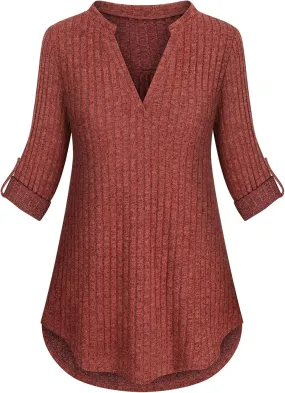 Viracy Womens 3/4 Roll Sleeve Shirt Notch V Neck Loose Pattern Tunic Top