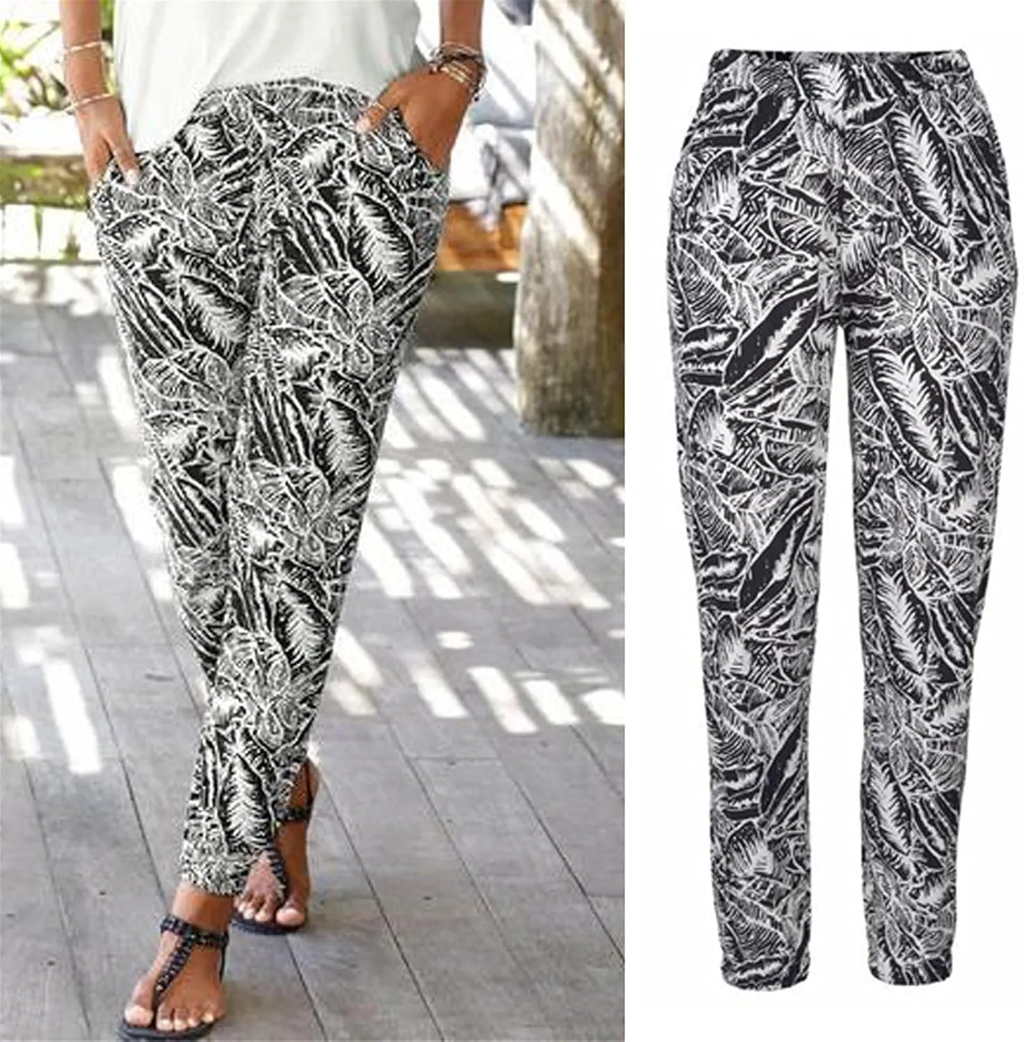 Woman Striped Skinny Pants Straight Leg Elastic Waist Pull On Pants Fashion Comfy Stretchy Twill Trousers with Pocket