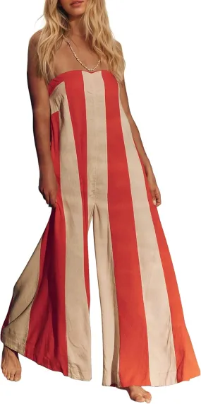 Women Color Block Strapless Jumpsuit Summer Off Shoulder One Piece Outfits Romper Loose Wide Leg Overalls Boho Outfit