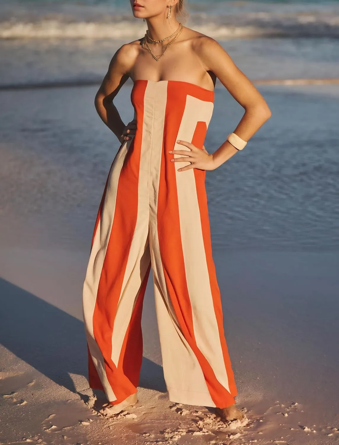 Women Color Block Strapless Jumpsuit Summer Off Shoulder One Piece Outfits Romper Loose Wide Leg Overalls Boho Outfit
