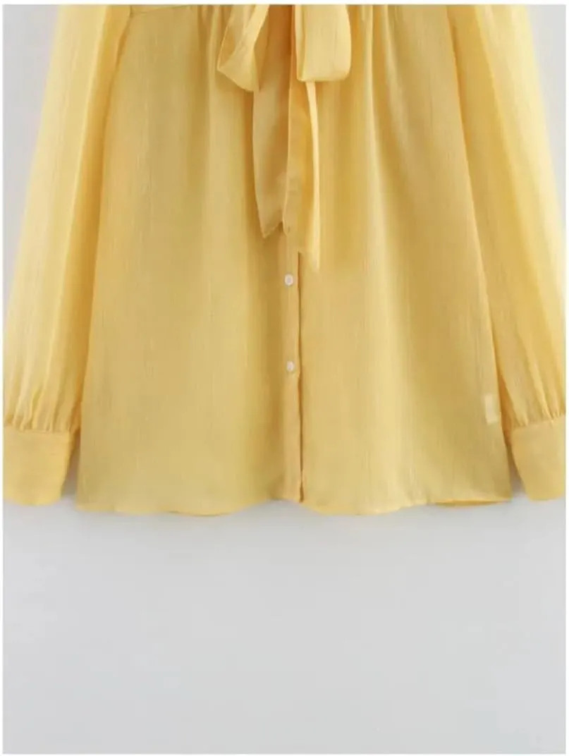 Women Lightweight Shirt with Lace Up Casual Long Sleeve Blouse Solid Color Button Up Top