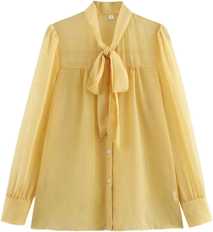 Women Lightweight Shirt with Lace Up Casual Long Sleeve Blouse Solid Color Button Up Top