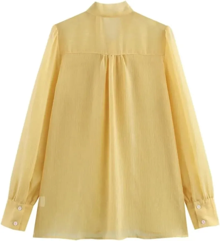 Women Lightweight Shirt with Lace Up Casual Long Sleeve Blouse Solid Color Button Up Top