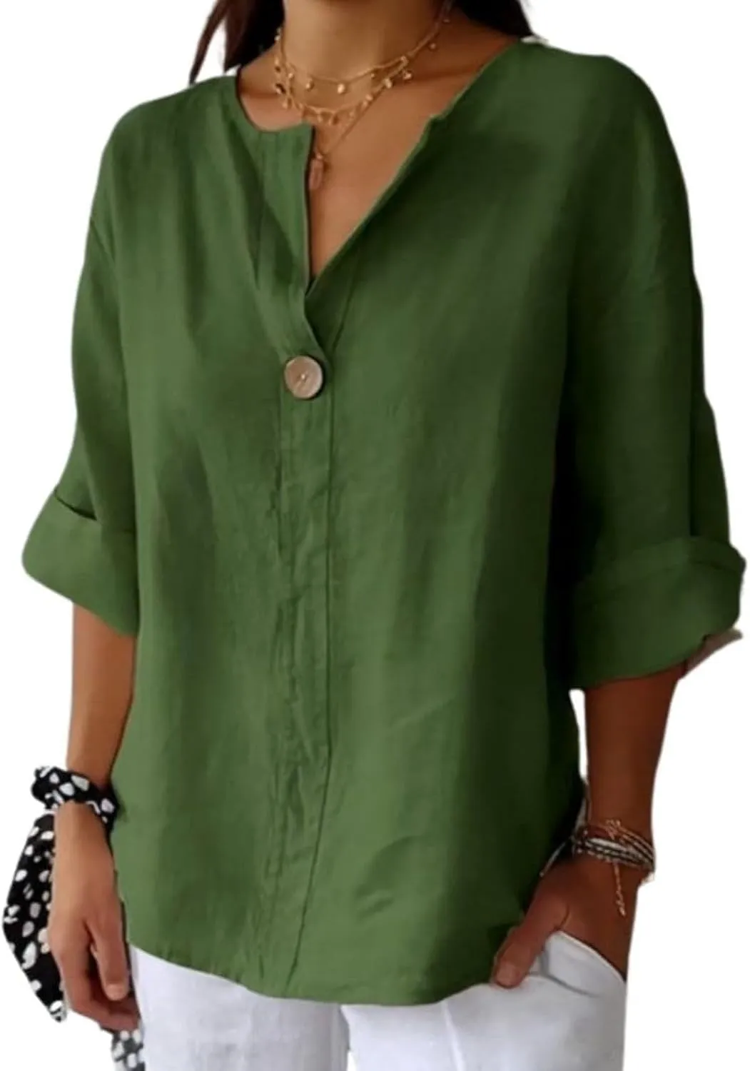 Women Linen Shirts Summer Tops Trendy 3/4 Sleeve V-Neck Blouses Lightweight Breathable Tunic Beach Vacation Clothes