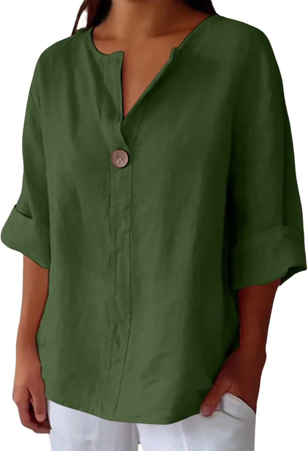 Women Linen Shirts Summer Tops Trendy 3/4 Sleeve V-Neck Blouses Lightweight Breathable Tunic Beach Vacation Clothes