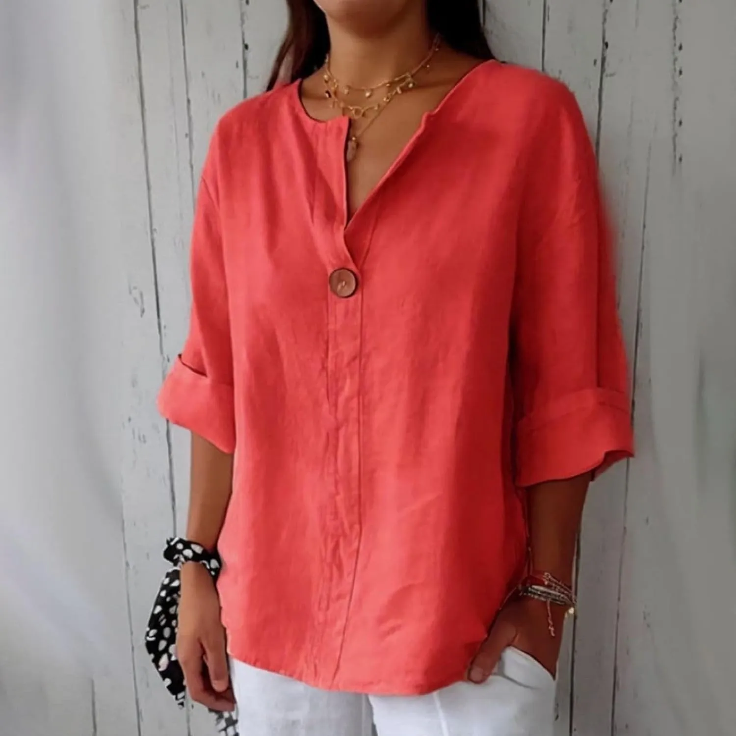 Women Linen Shirts Summer Tops Trendy 3/4 Sleeve V-Neck Blouses Lightweight Breathable Tunic Beach Vacation Clothes