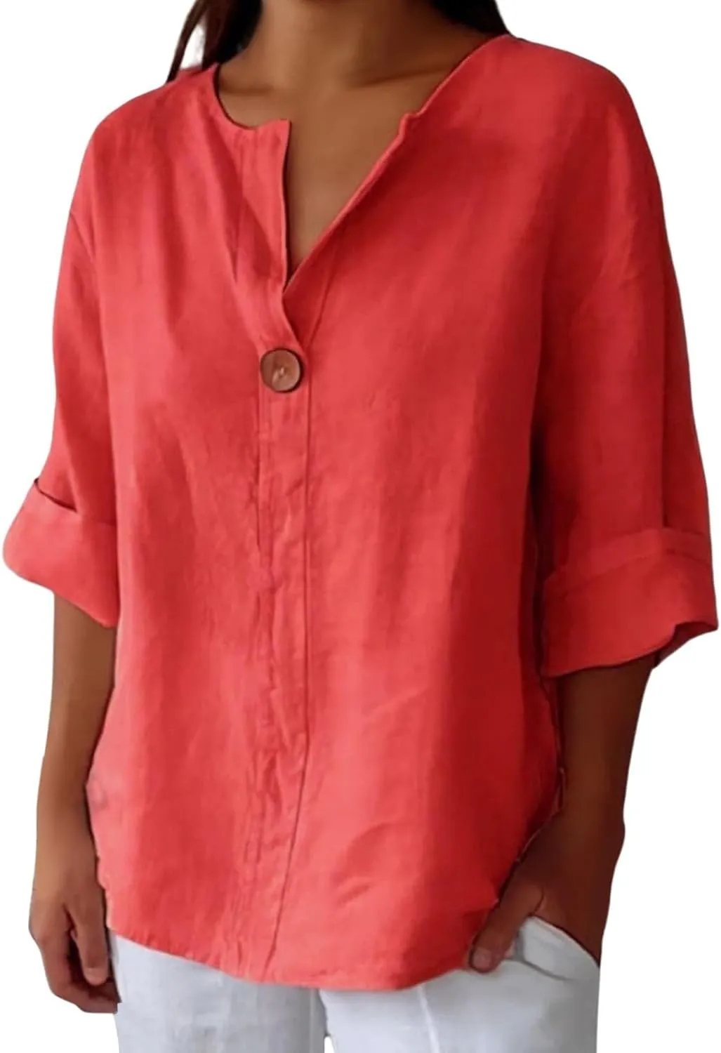 Women Linen Shirts Summer Tops Trendy 3/4 Sleeve V-Neck Blouses Lightweight Breathable Tunic Beach Vacation Clothes