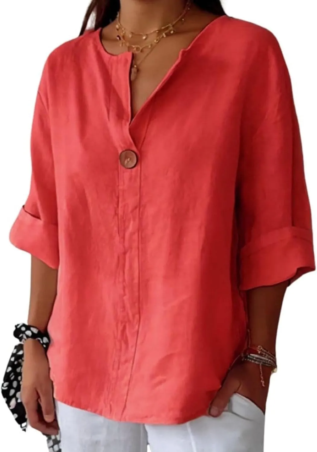 Women Linen Shirts Summer Tops Trendy 3/4 Sleeve V-Neck Blouses Lightweight Breathable Tunic Beach Vacation Clothes