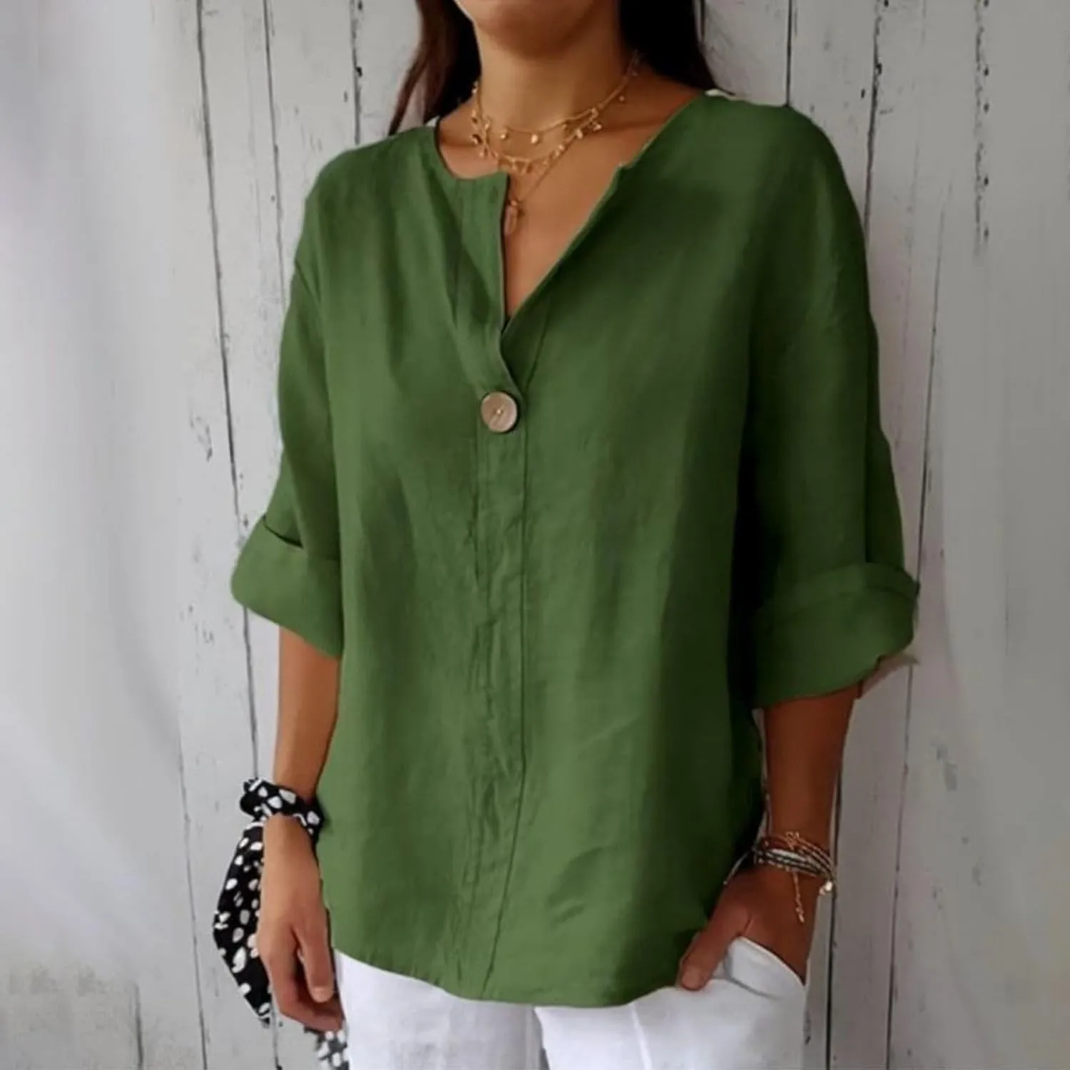 Women Linen Shirts Summer Tops Trendy 3/4 Sleeve V-Neck Blouses Lightweight Breathable Tunic Beach Vacation Clothes