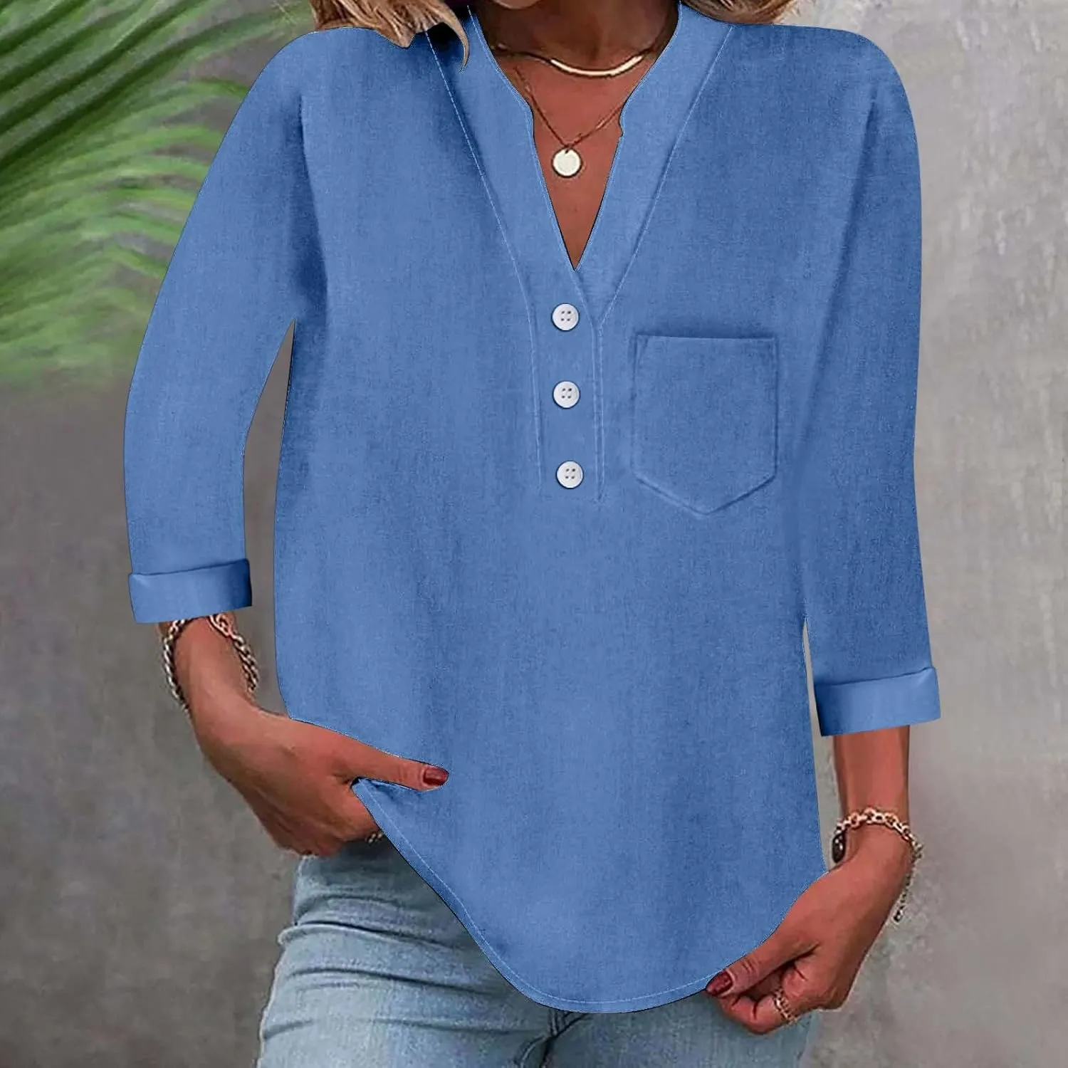 Women Linen Shirts Summer Trendy 3/4 Sleeve V Neck Blouses Lightweight Breathable Tunic Tops Beach Vacation Clothes