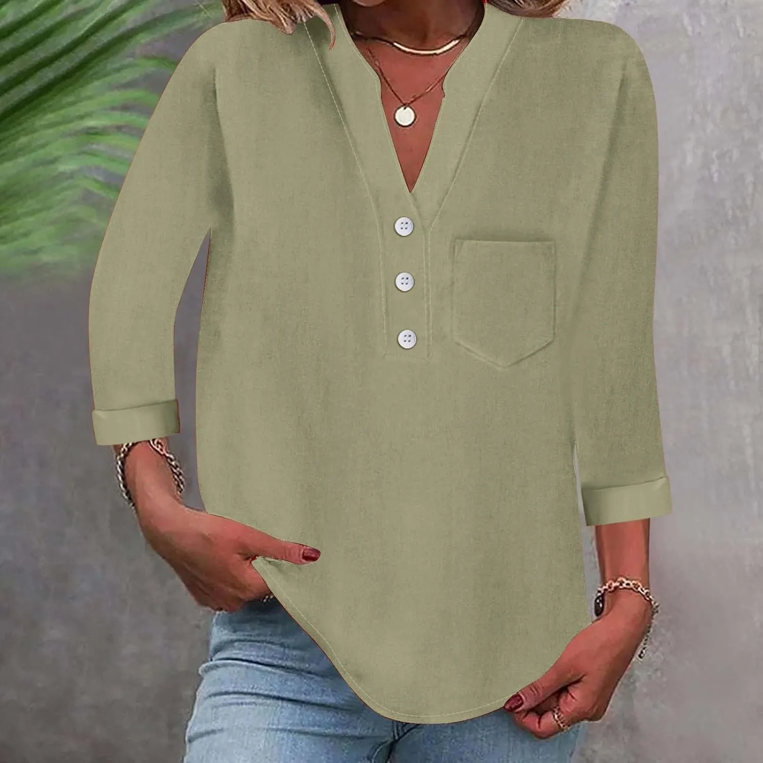 Women Linen Shirts Summer Trendy 3/4 Sleeve V Neck Blouses Lightweight Breathable Tunic Tops Beach Vacation Clothes