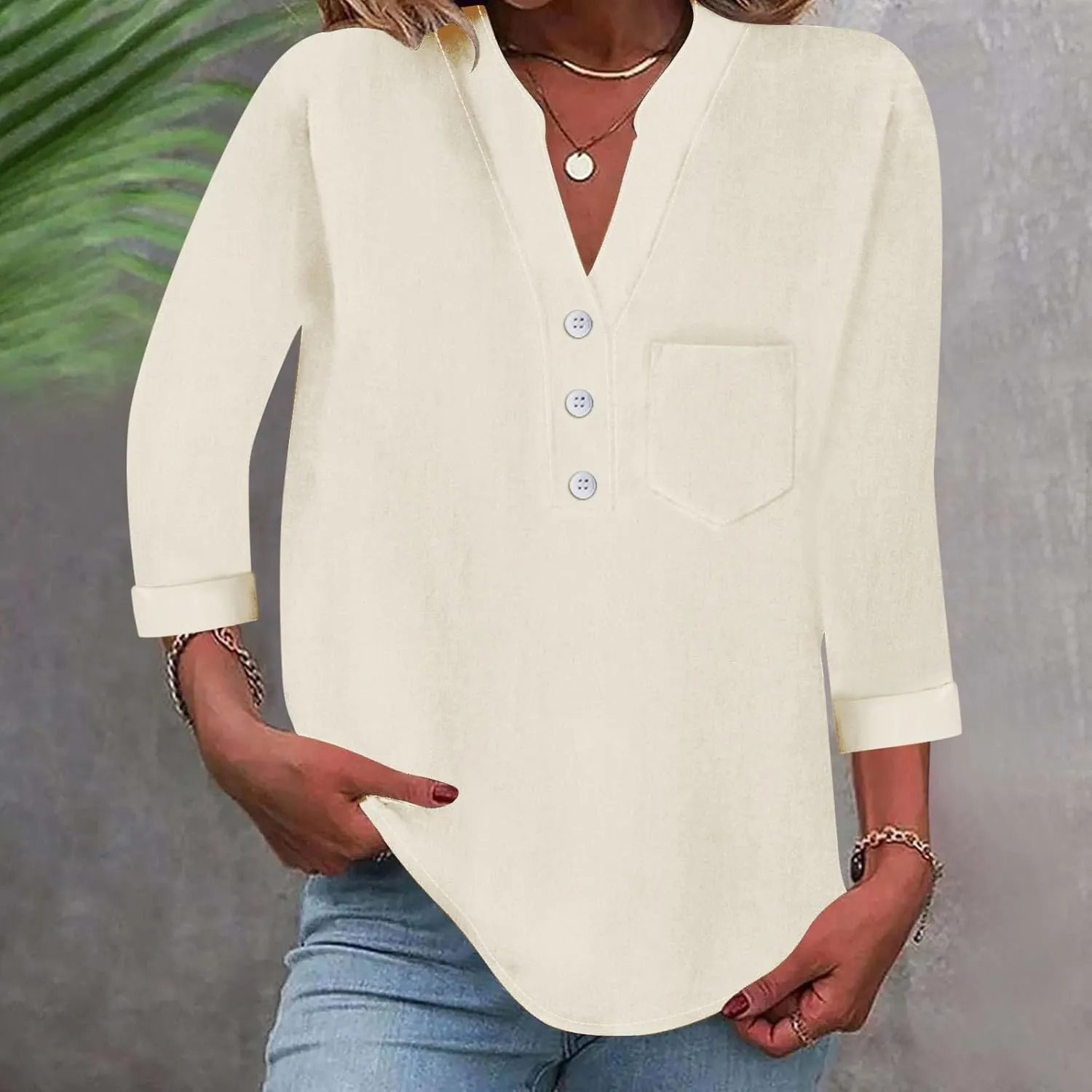 Women Linen Shirts Summer Trendy 3/4 Sleeve V Neck Blouses Lightweight Breathable Tunic Tops Beach Vacation Clothes