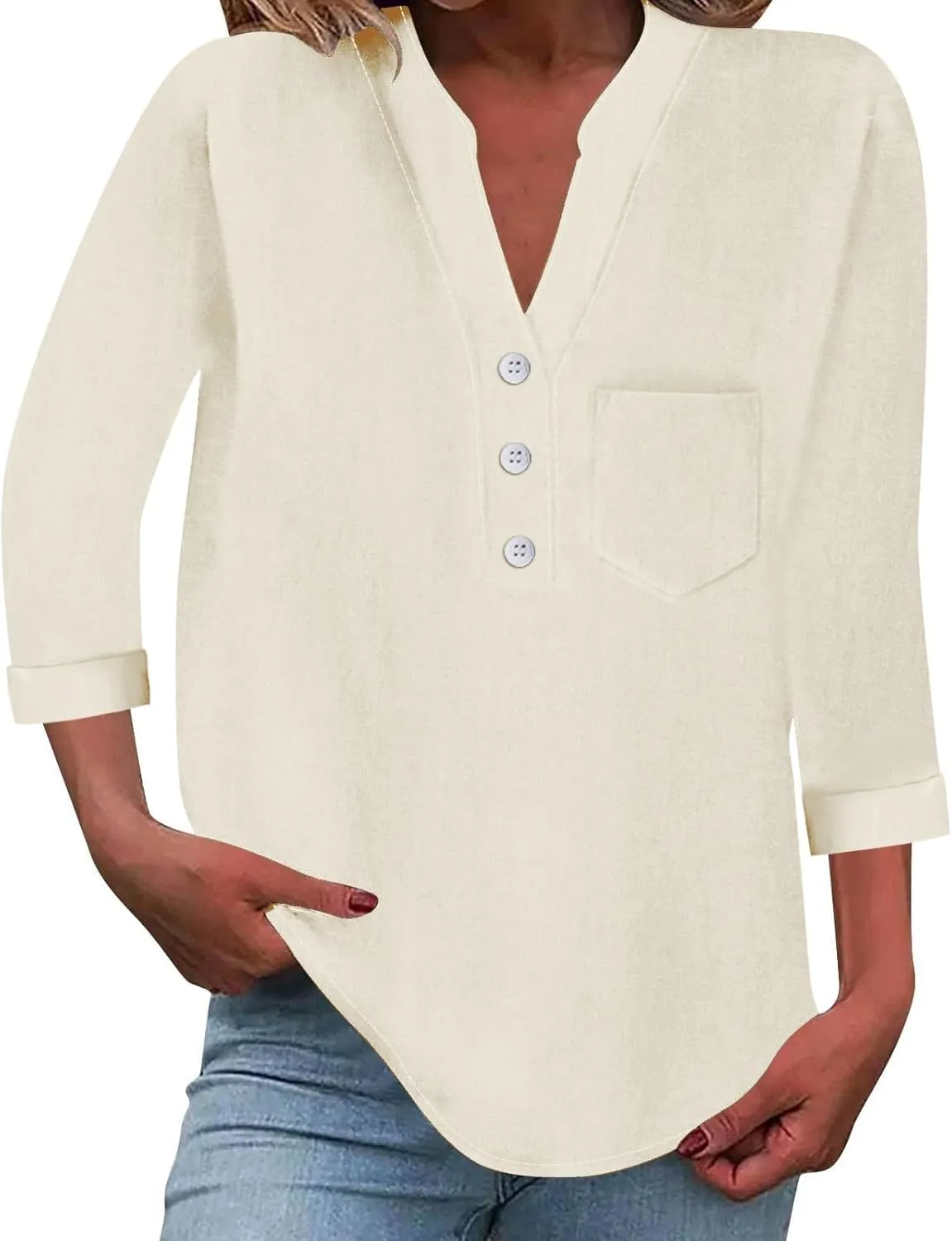 Women Linen Shirts Summer Trendy 3/4 Sleeve V Neck Blouses Lightweight Breathable Tunic Tops Beach Vacation Clothes