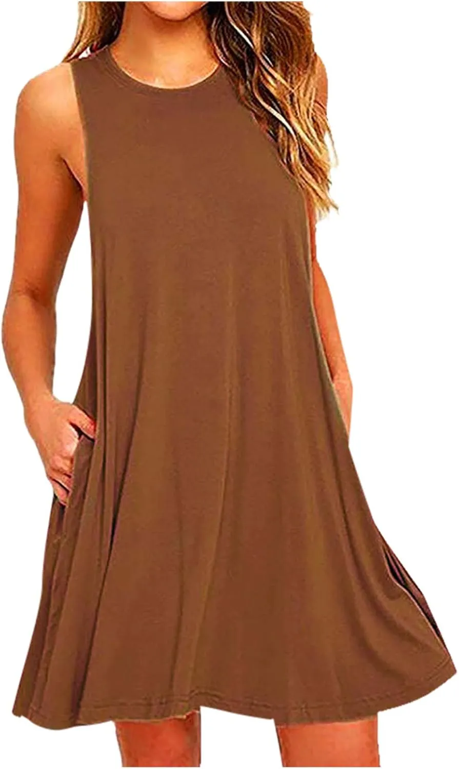 Women Trendy Sundress Simple Solid Color Sleeveless Dresses Loose Fit Fashion Summer Beach Dress with Pockets