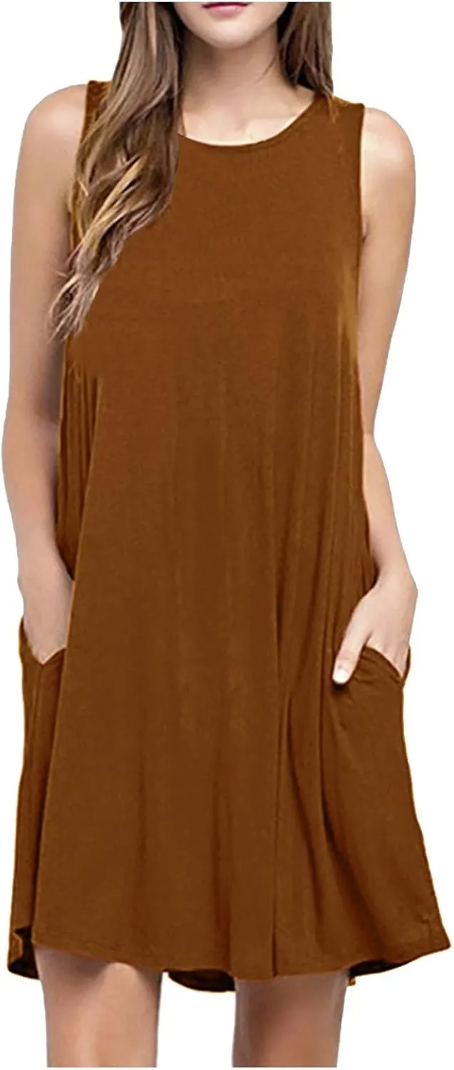 Women Trendy Sundress Simple Solid Color Sleeveless Dresses Loose Fit Fashion Summer Beach Dress with Pockets