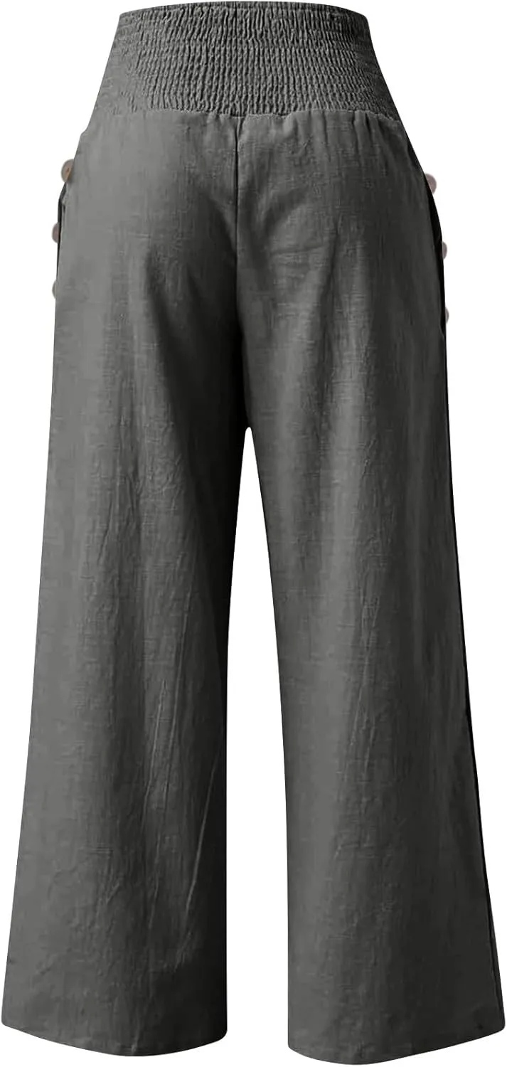 Women Wide Leg Linen Pants Smocked High Waist Stretch Palazzo Pants with Button Pockets Boho Flowy Cotton Beach Pants