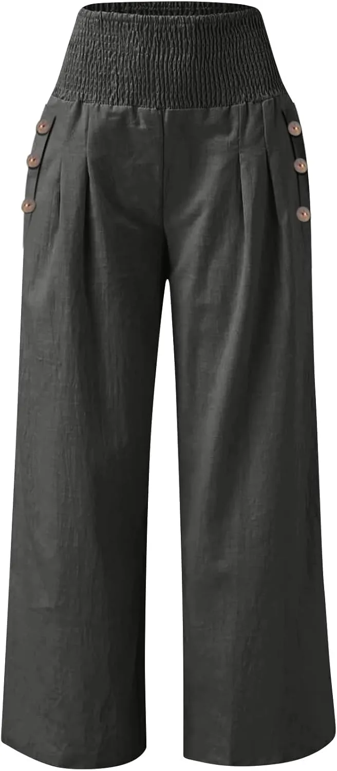 Women Wide Leg Linen Pants Smocked High Waist Stretch Palazzo Pants with Button Pockets Boho Flowy Cotton Beach Pants