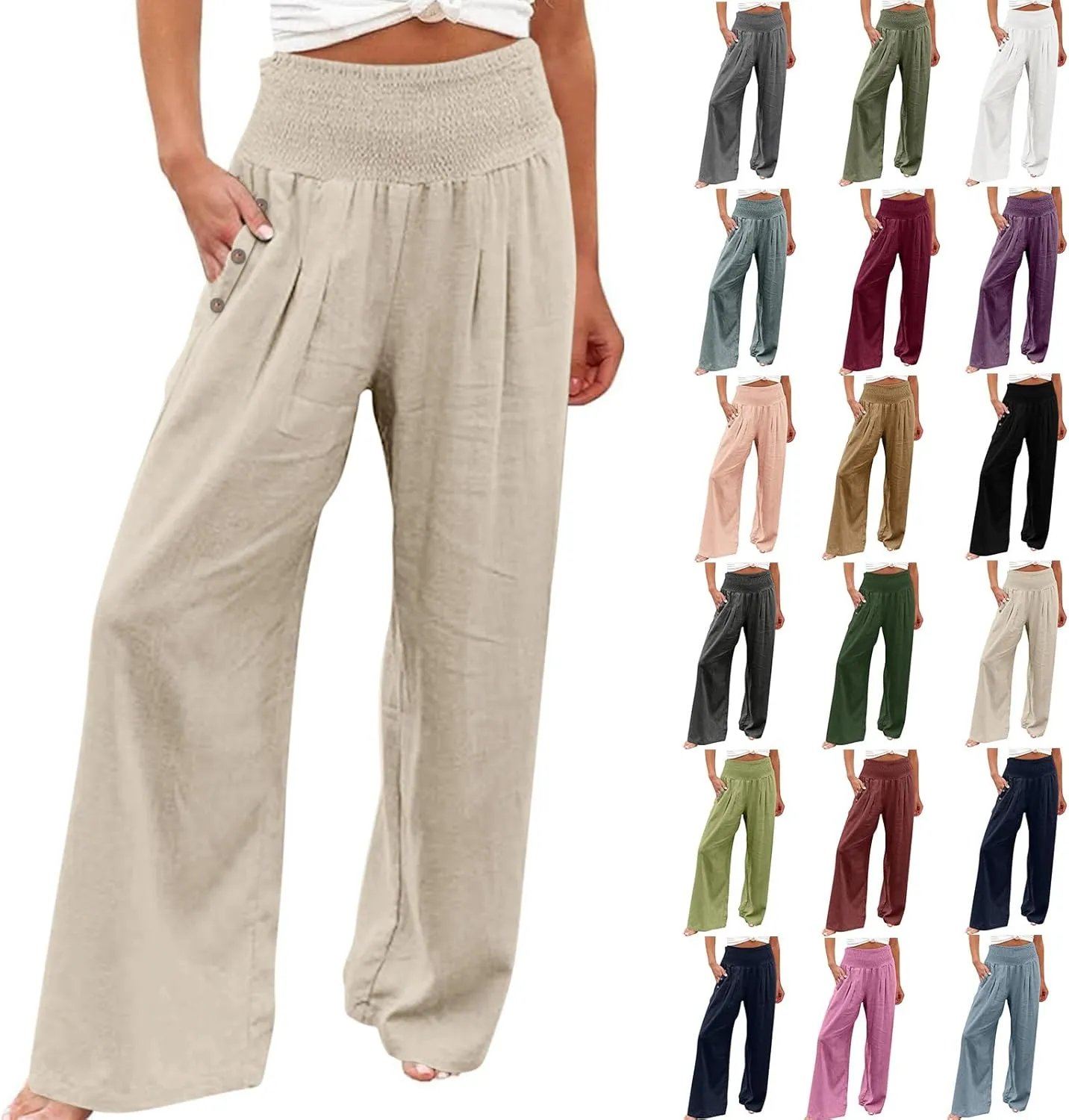 Women Wide Leg Linen Pants Smocked High Waist Stretch Palazzo Pants with Button Pockets Boho Flowy Cotton Beach Pants