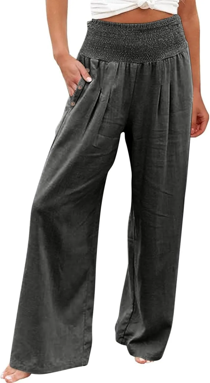Women Wide Leg Linen Pants Smocked High Waist Stretch Palazzo Pants with Button Pockets Boho Flowy Cotton Beach Pants