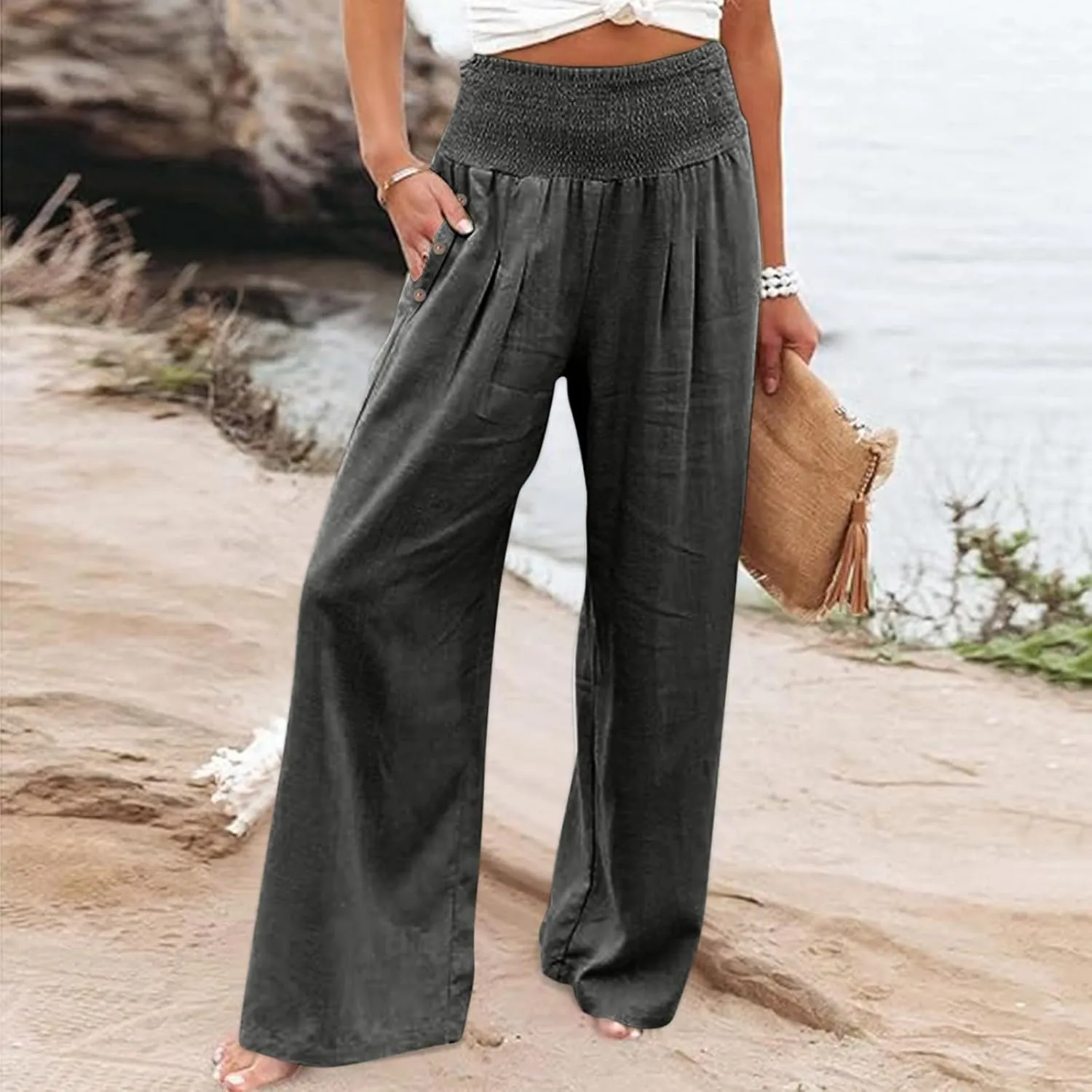 Women Wide Leg Linen Pants Smocked High Waist Stretch Palazzo Pants with Button Pockets Boho Flowy Cotton Beach Pants
