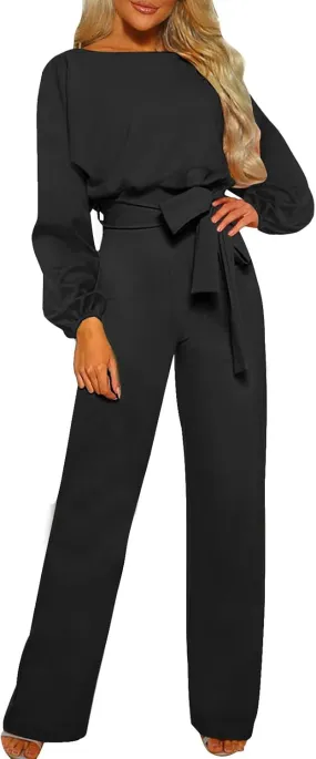 Womens 2024 Fall Jumpsuit Long Sleeve Belted Wide Leg Pant Romper Business Casual Dressy One Piece Outfits Black