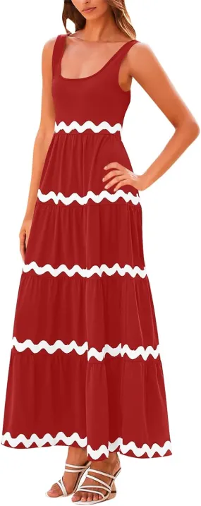 Women's 2024 Summer Boho Spaghetti Strap Flowy Ruffle Hem A Line Beach Casual Long Maxi Sundresses Vacation Party Dress