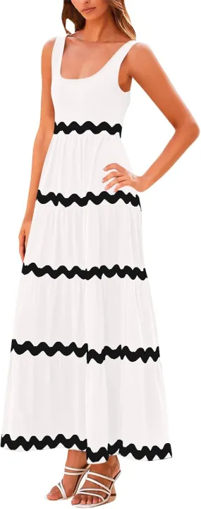 Women's 2024 Summer Boho Spaghetti Strap Flowy Ruffle Hem A Line Beach Casual Long Maxi Sundresses Vacation Party Dress