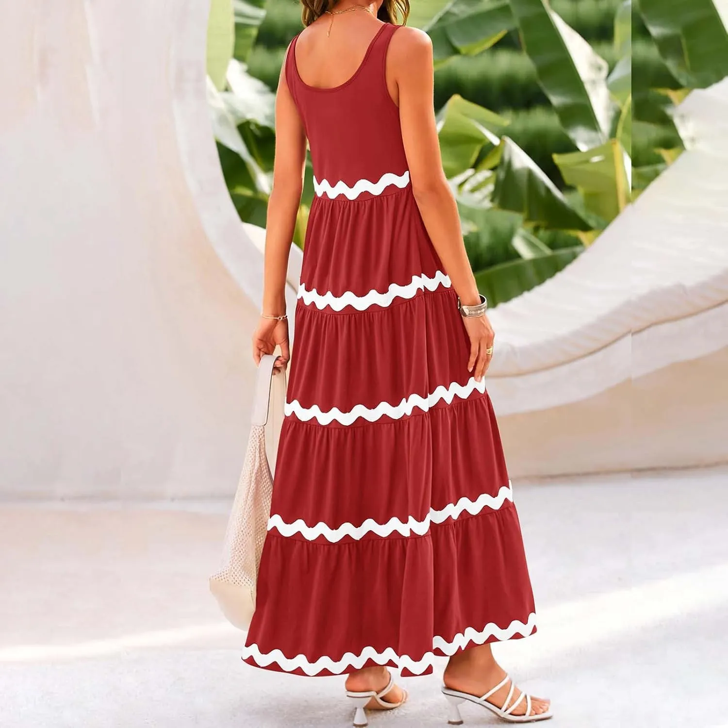 Women's 2024 Summer Boho Spaghetti Strap Flowy Ruffle Hem A Line Beach Casual Long Maxi Sundresses Vacation Party Dress