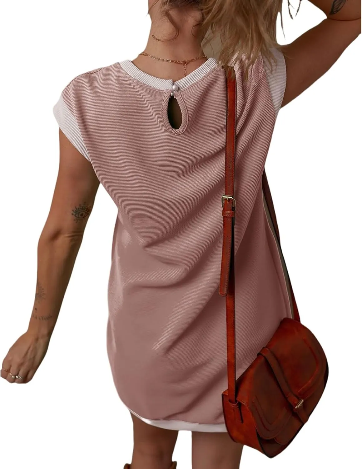 Women's Casual Summer Dress Contrast Color Elegant Short Sleeve Knit Crewneck Mini Dress with Pocket