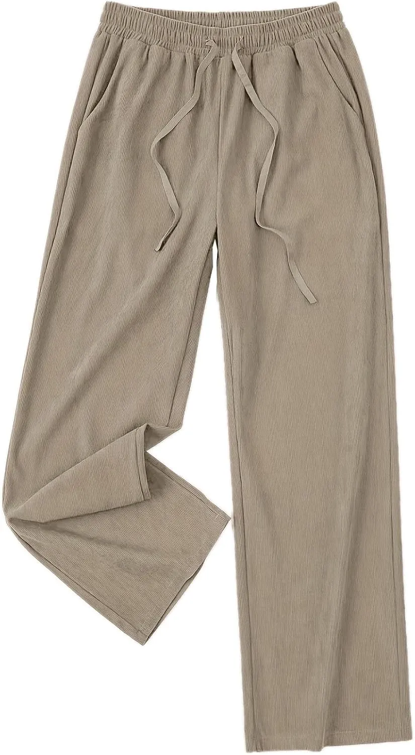 Womens Cotton Linen Straight Leg Pants High Waisted Drawstring Stretchy Business Work Casual Trousers with Pockets