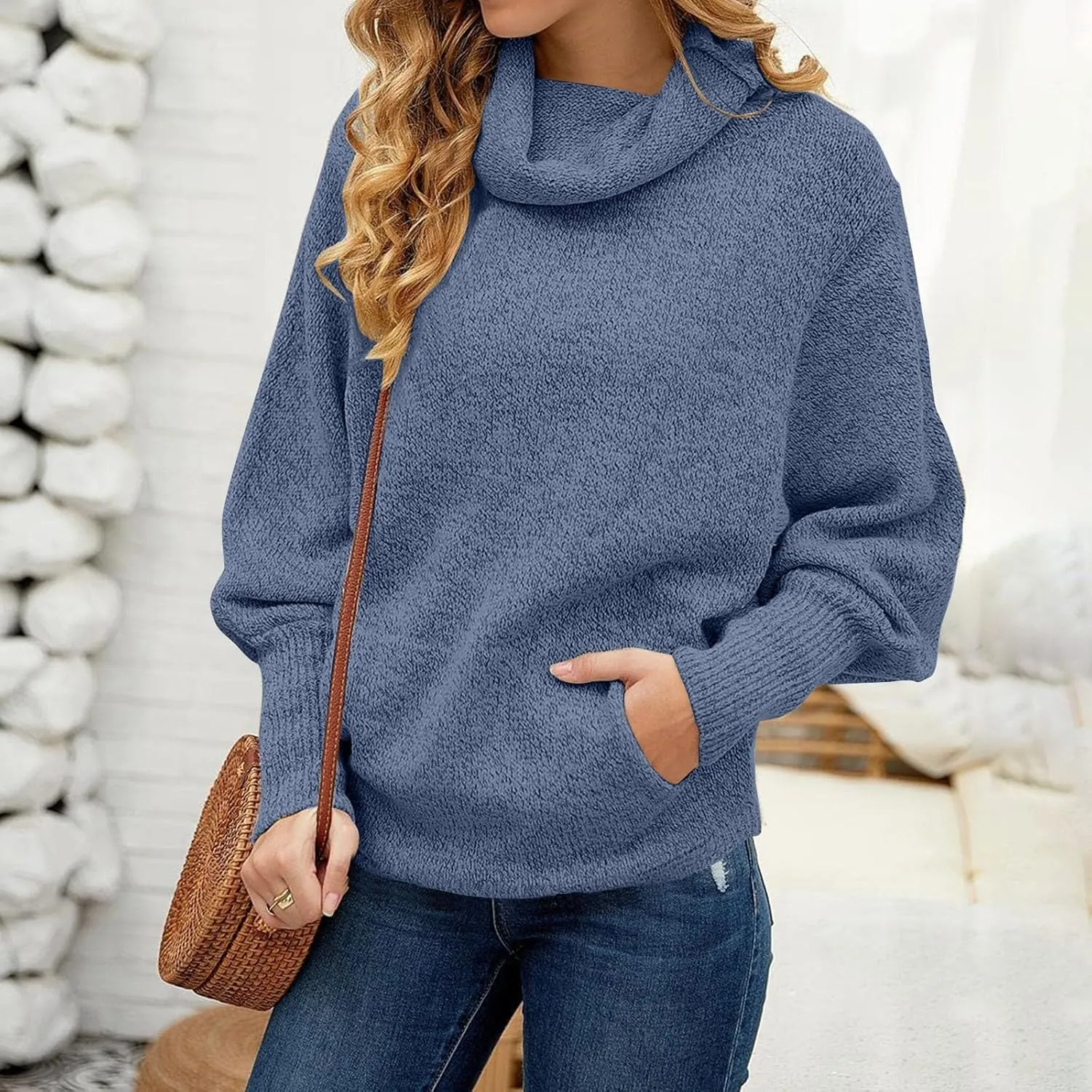 Womens Fall Winter Turtleneck Sweaters Plus Size Long Sleeve Pile Collar Solid Casual Knitwear Jumpers Pullover Tops