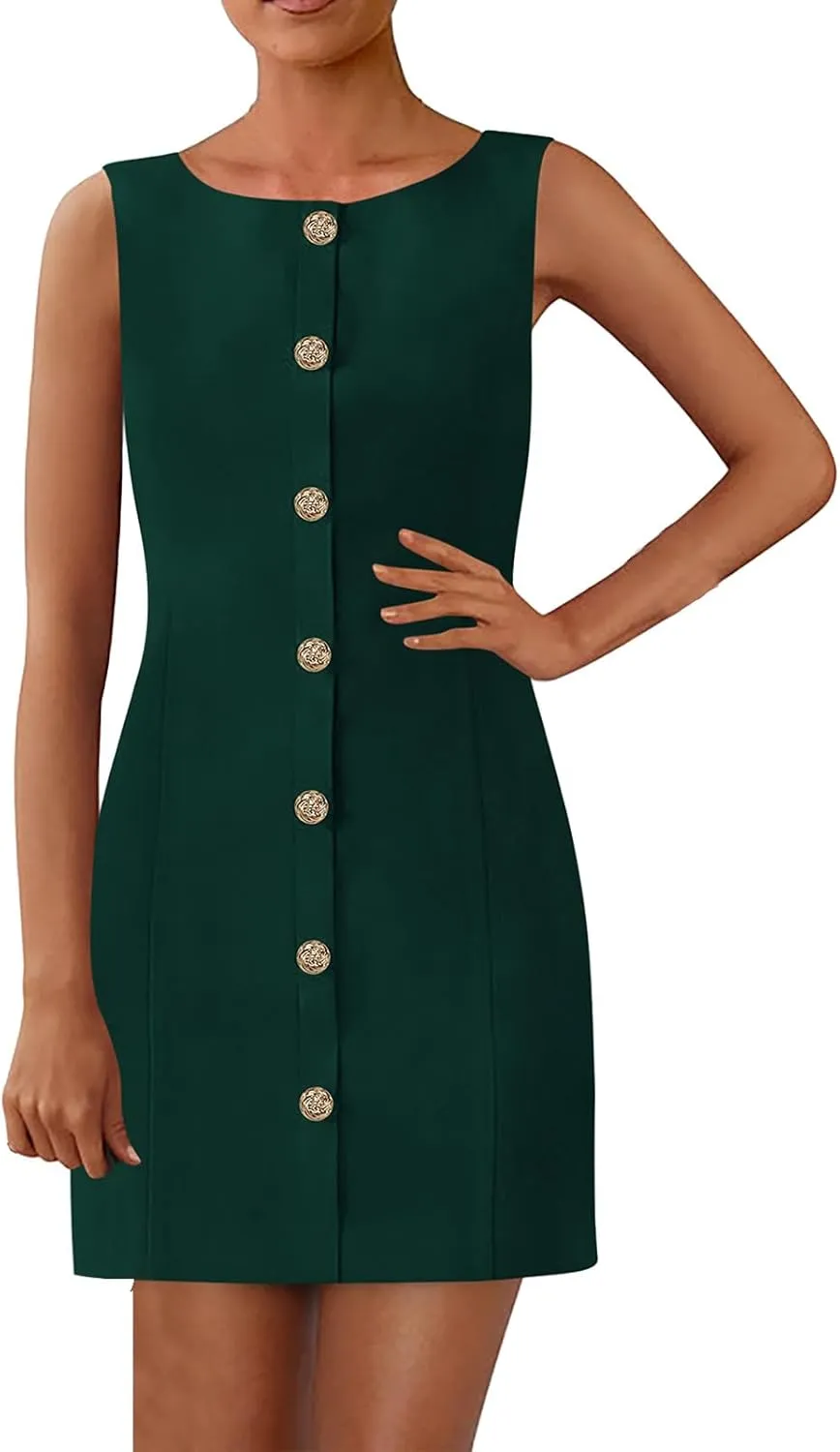 Womens Formal Dress Sleeveless Button Down Crewneck Mini Dress Summer Elegant Business Work Office Short Dresses