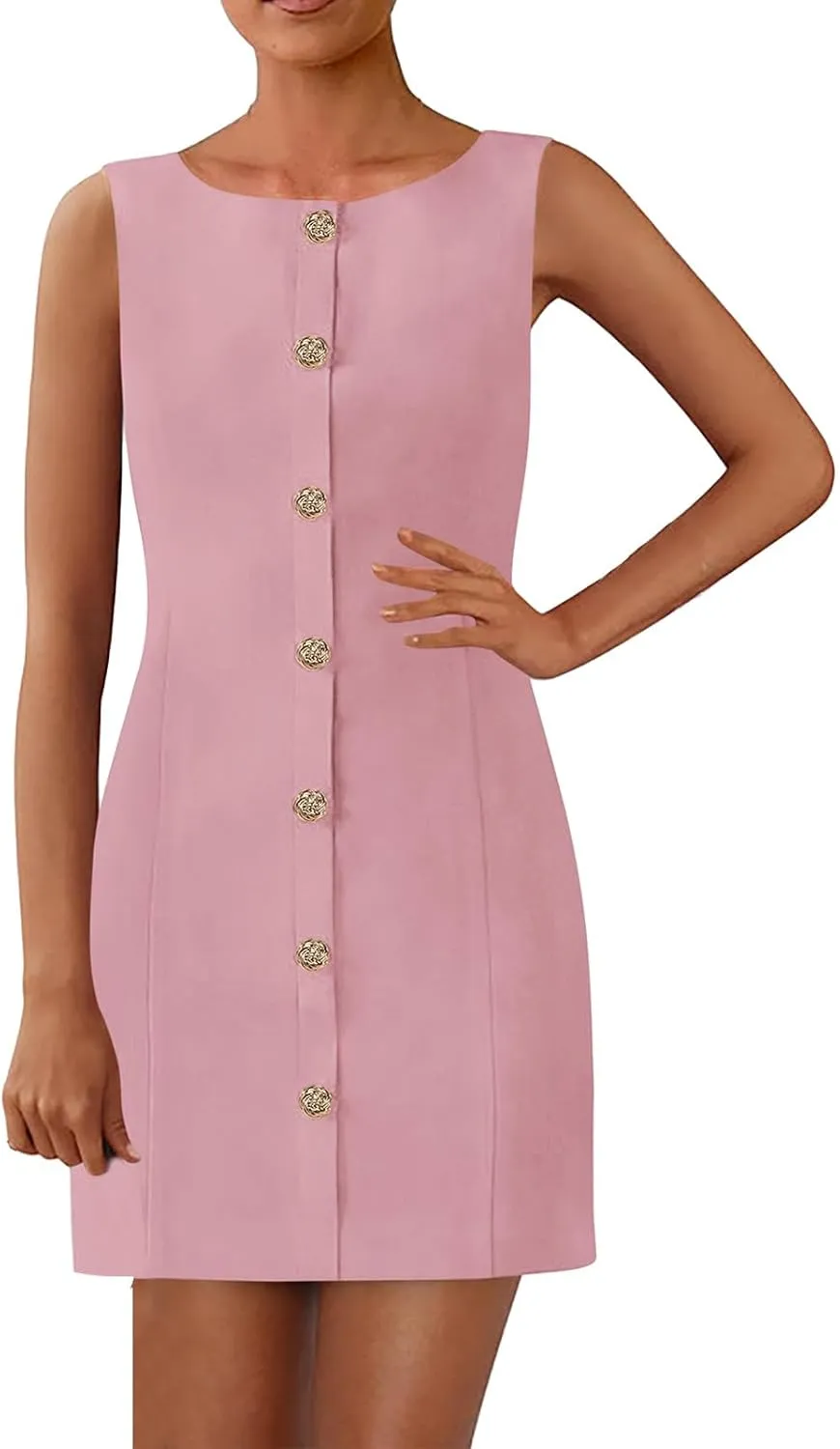 Womens Formal Dress Sleeveless Button Down Crewneck Mini Dress Summer Elegant Business Work Office Short Dresses