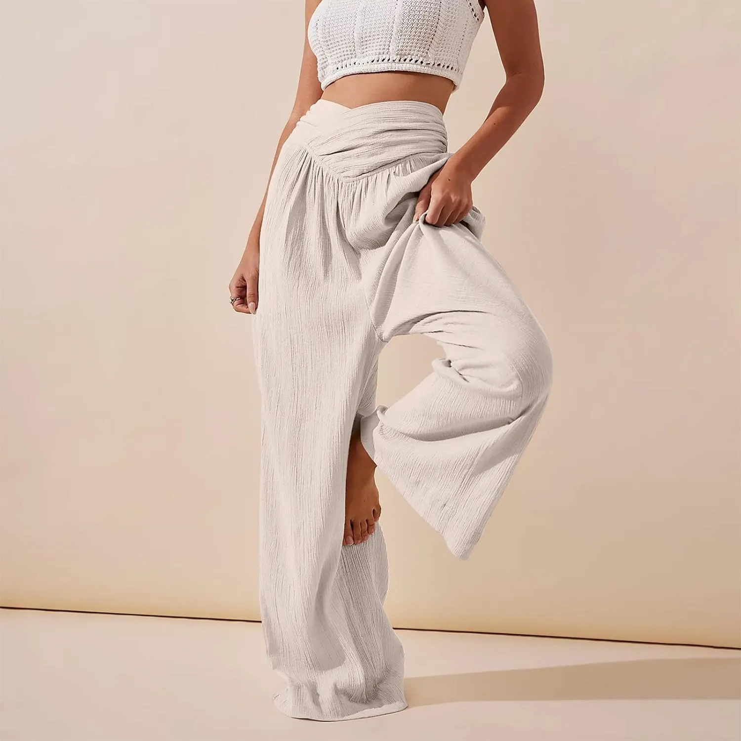 Womens Linen Pants Flowy Crossover Wide Leg Pants Palazzo Pants with Pockets High Waisted Summer Beach Pants 2024